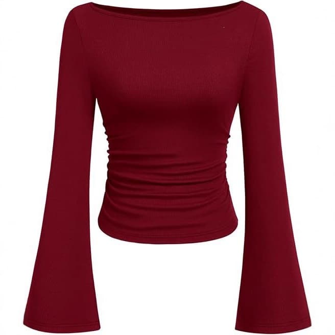 European and American Style Solid Color Boat Neck Flared Sleeve T-Shirt for Women 2025 Autumn Fitted Pleated Slimming Long Sleeve Top