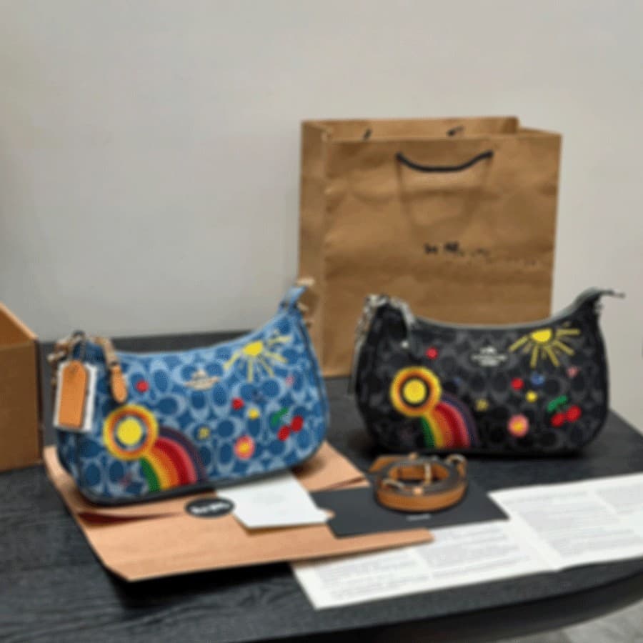 Xiangbulei Embroidered Mahjong Bag Rainbow Flower Terry 24 Underarm Bag Shoulder Bag Denim Crossbody Bag Handbag