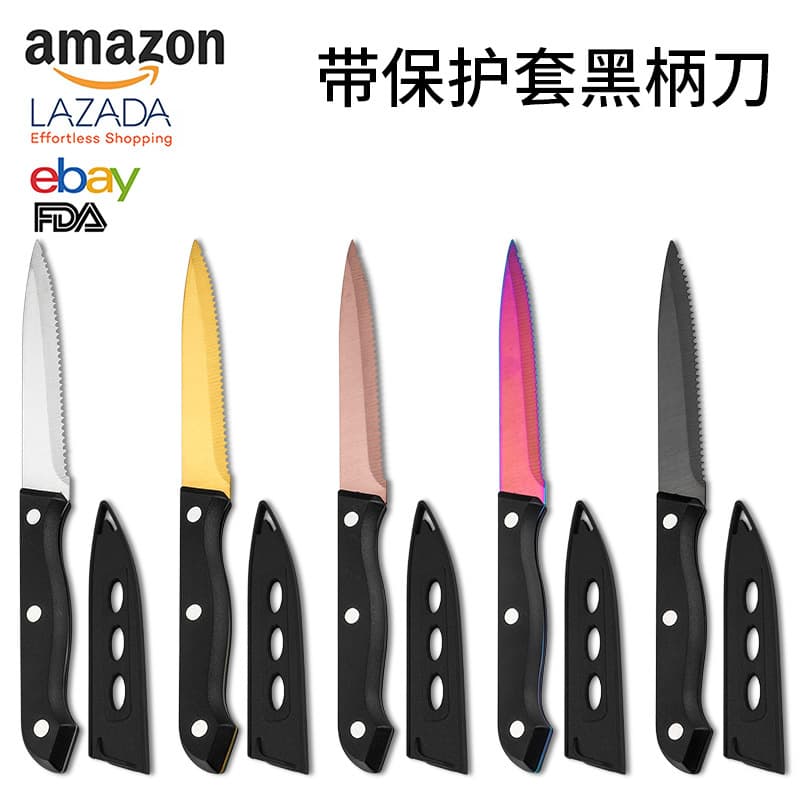 Cross-border stainless steel serrated steak knife, sharp main course knife, hotel titanium-plated Western cutlery knife, PP handle steak knife
