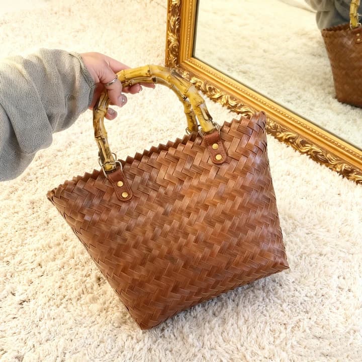 Large Capacity Imitation Rattan Handwoven Bag, Rattan Woven Handbag, Bamboo Woven Picnic Handheld Gift Basket