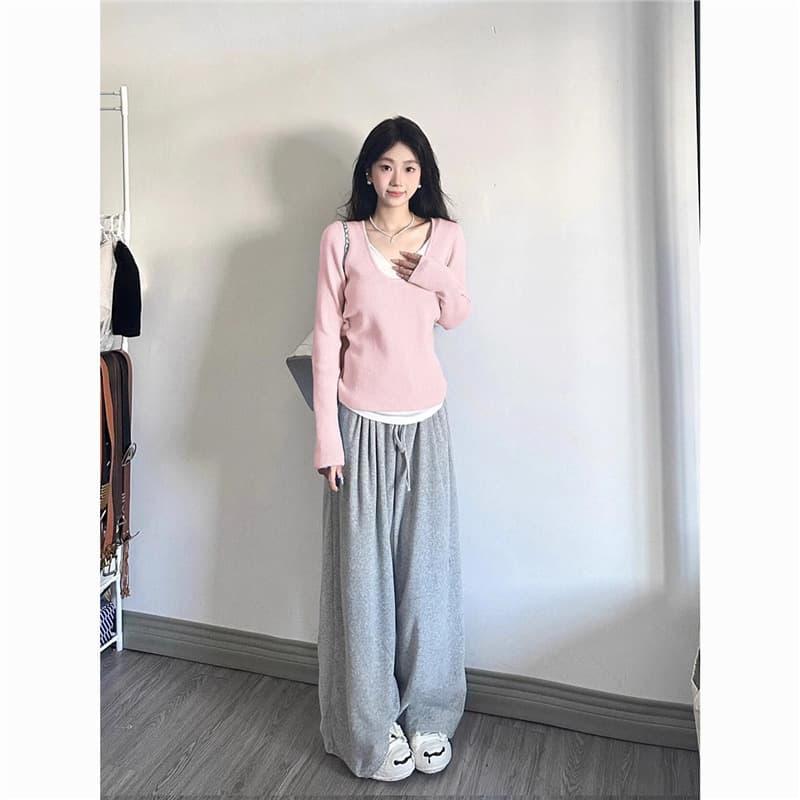 Korean Style Women's Fall Pink Two-Piece Set: Long-Sleeve Knit Top with Loose Wide-Leg Pants