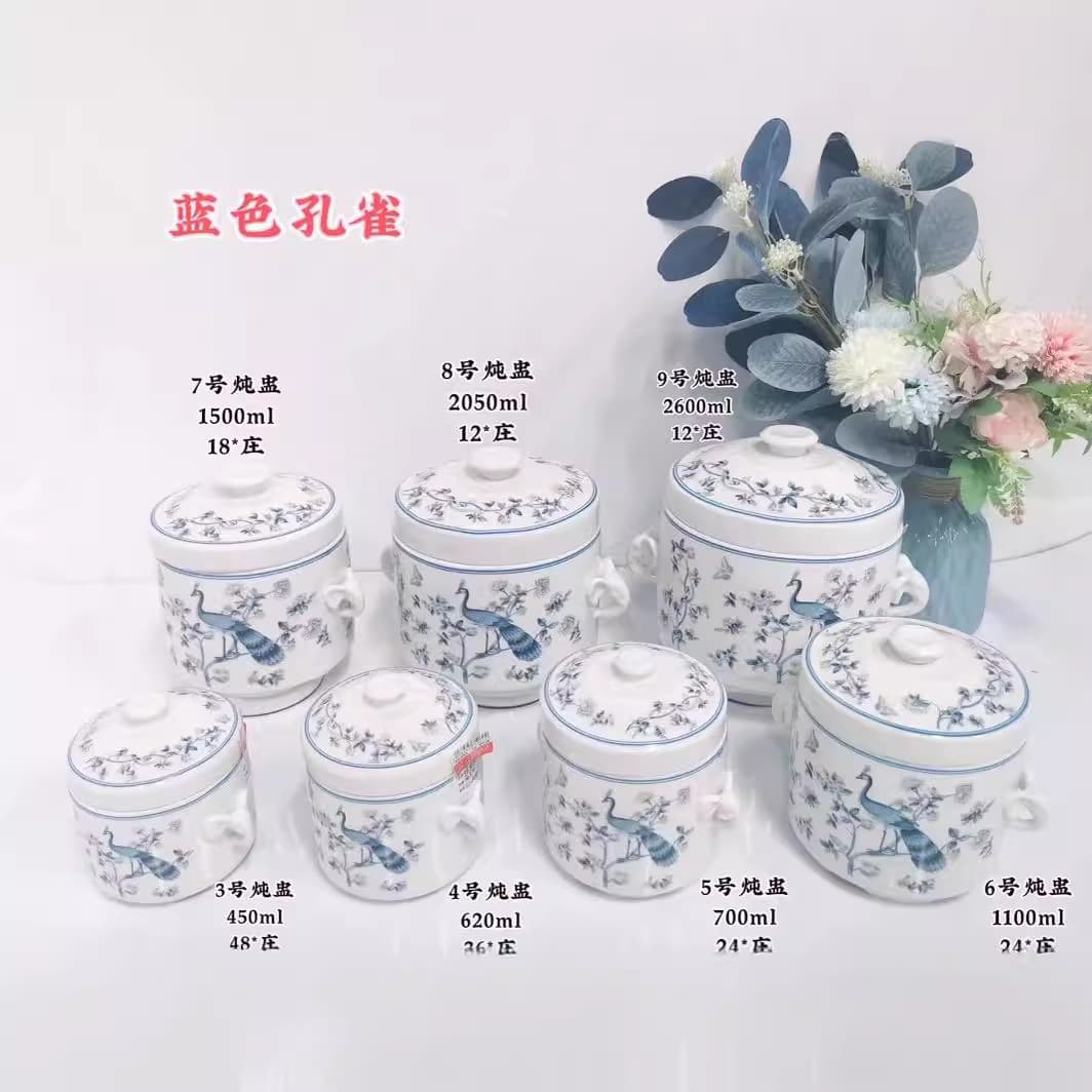 2022 New Design Ceramic Steamer, Blue Peacock Pattern in Small/Medium/Large Sizes, Baby Egg Steamer for Double-Boiling