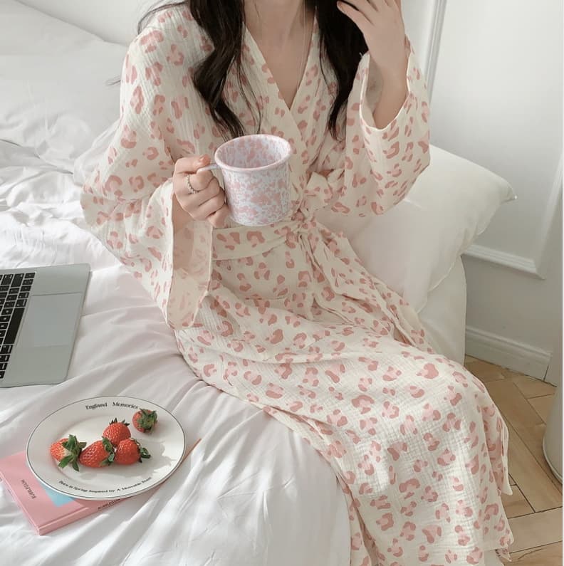 Korean Ins Early Spring Cute Leopard Print Cotton Gauze Bathrobe Sleep Dress Pajamas Homewear