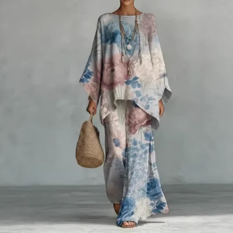 26 European and American artistic abstract graffiti suit, round neck bat sleeve top + wide leg pants loose two-piece set