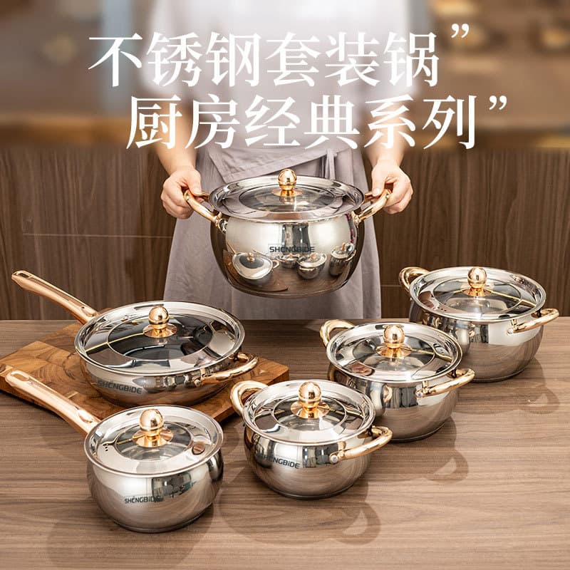 Gold Plated Thick Stainless Steel Kitchenware Set with Apple Design Handle Soup Pot Kit High Quality Cookware Gift Pot
