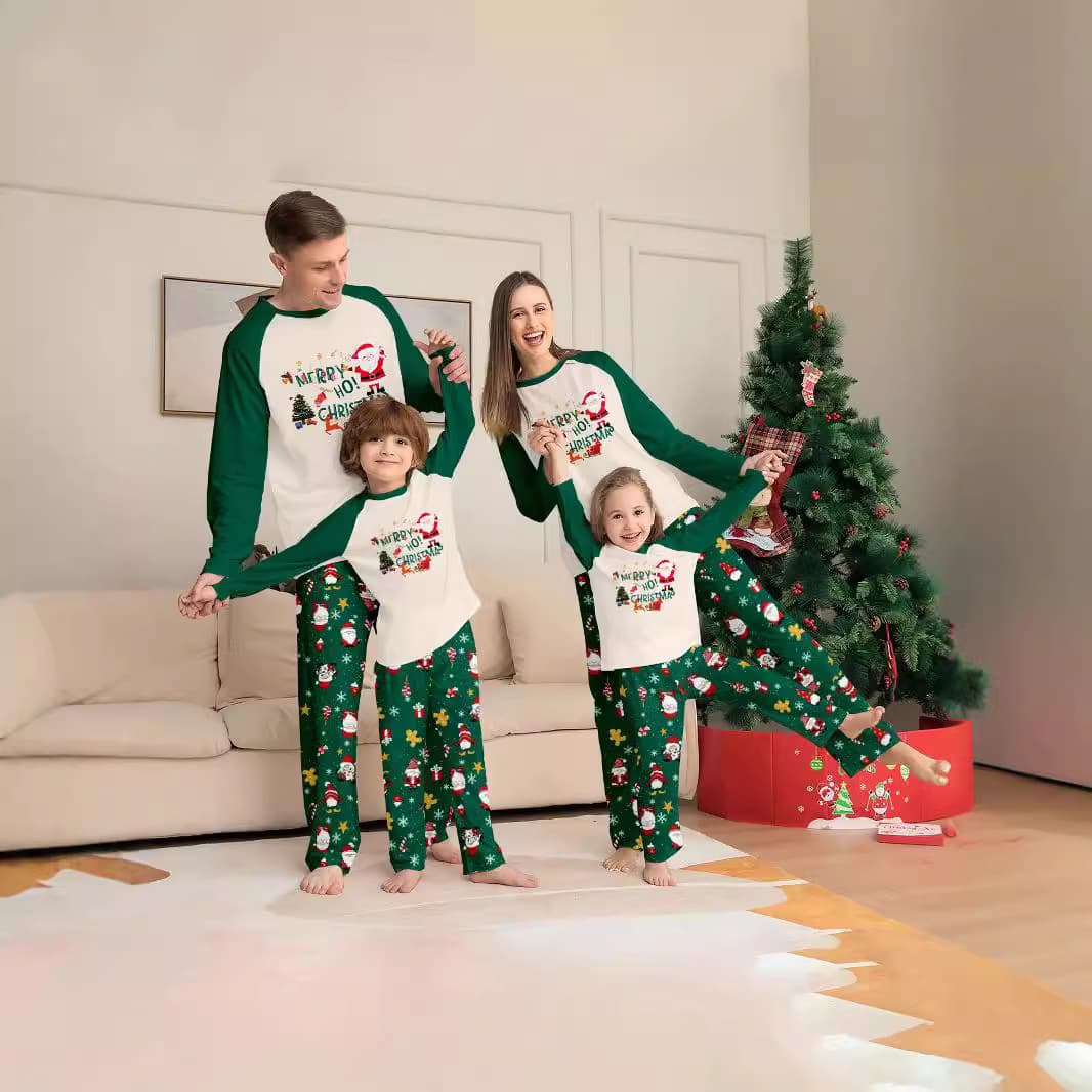 Cross-Border New Christmas Parent-Child Snowflake Santa Letter Family Pajamas Long Sleeve Pants Green Homewear