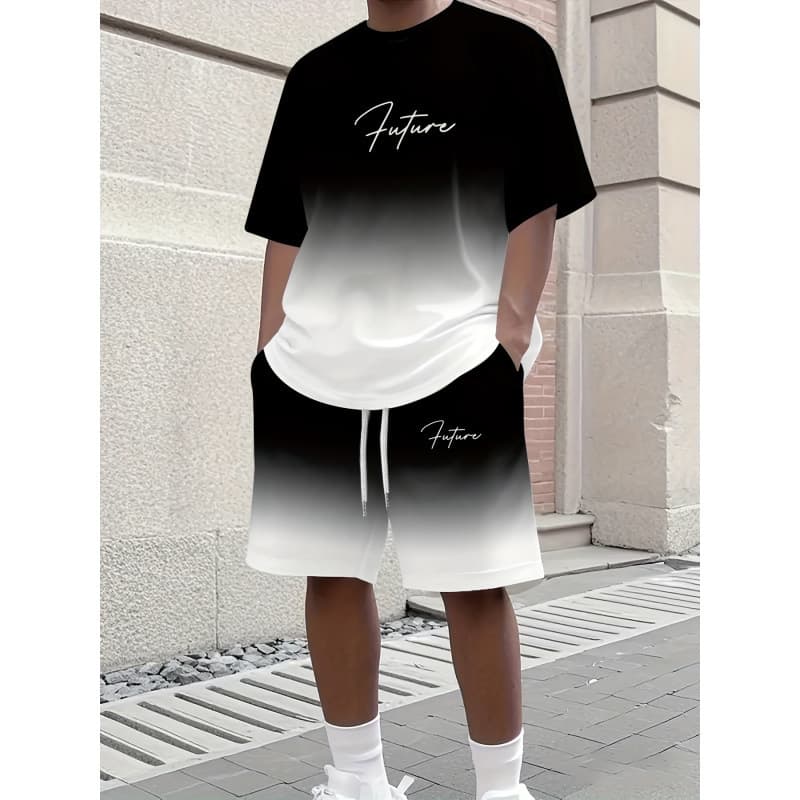 2025 New Casual Sports Short Sleeve T-Shirt for Men Summer New Gradient Letter Round Neck T-Shirt and Shorts Set