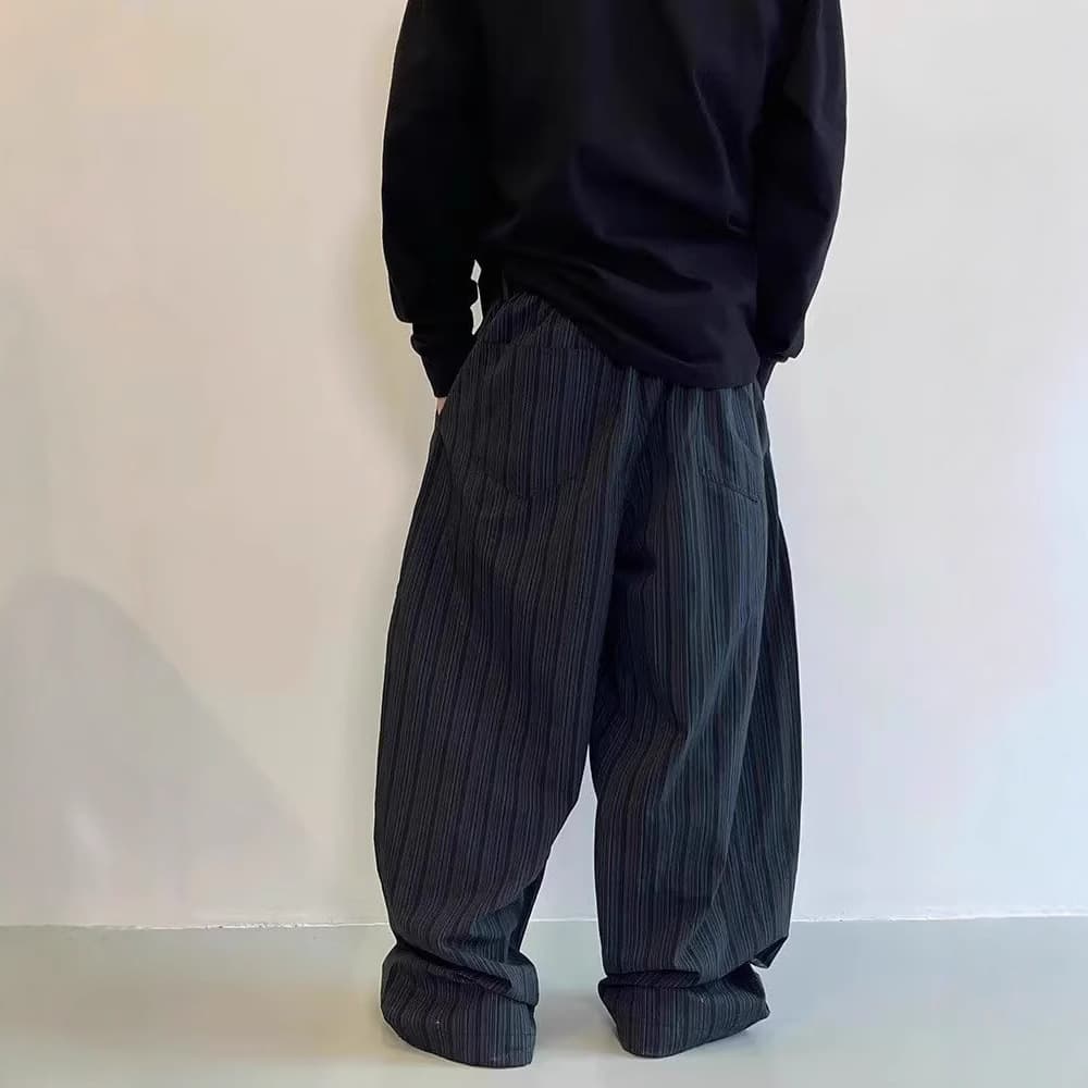 Casual Loose Wide Leg Pants Vintage Black Blue Vertical Stripe Design Fashionable Floor-Length Knife Edge Trousers for Men