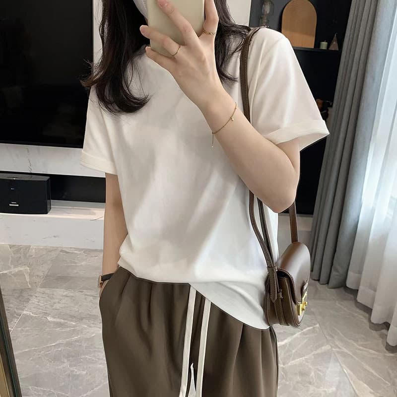 High-quality cotton brushed short-sleeve T-shirt for women, ins trendy Korean-style round neck inner layering top, loose fit for spring and autumn