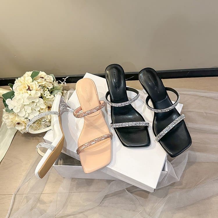 Women's High Heel Sandals, Thin Heel with Rhinestone One-Strap, Black, 2025 New Summer, French Style Elegant High Heels