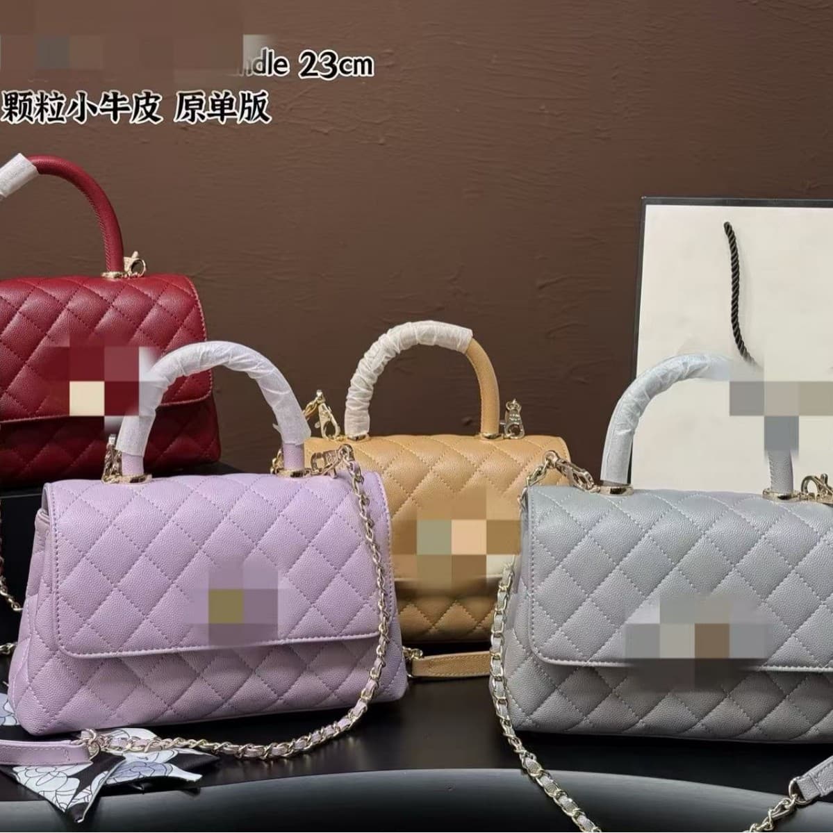With Tag, Small Fragrance-Style Bean Bun Genuine Leather Handle Handbag for Women, Caviar Cowhide Diamond-Quilted Shoulder Chain Bag