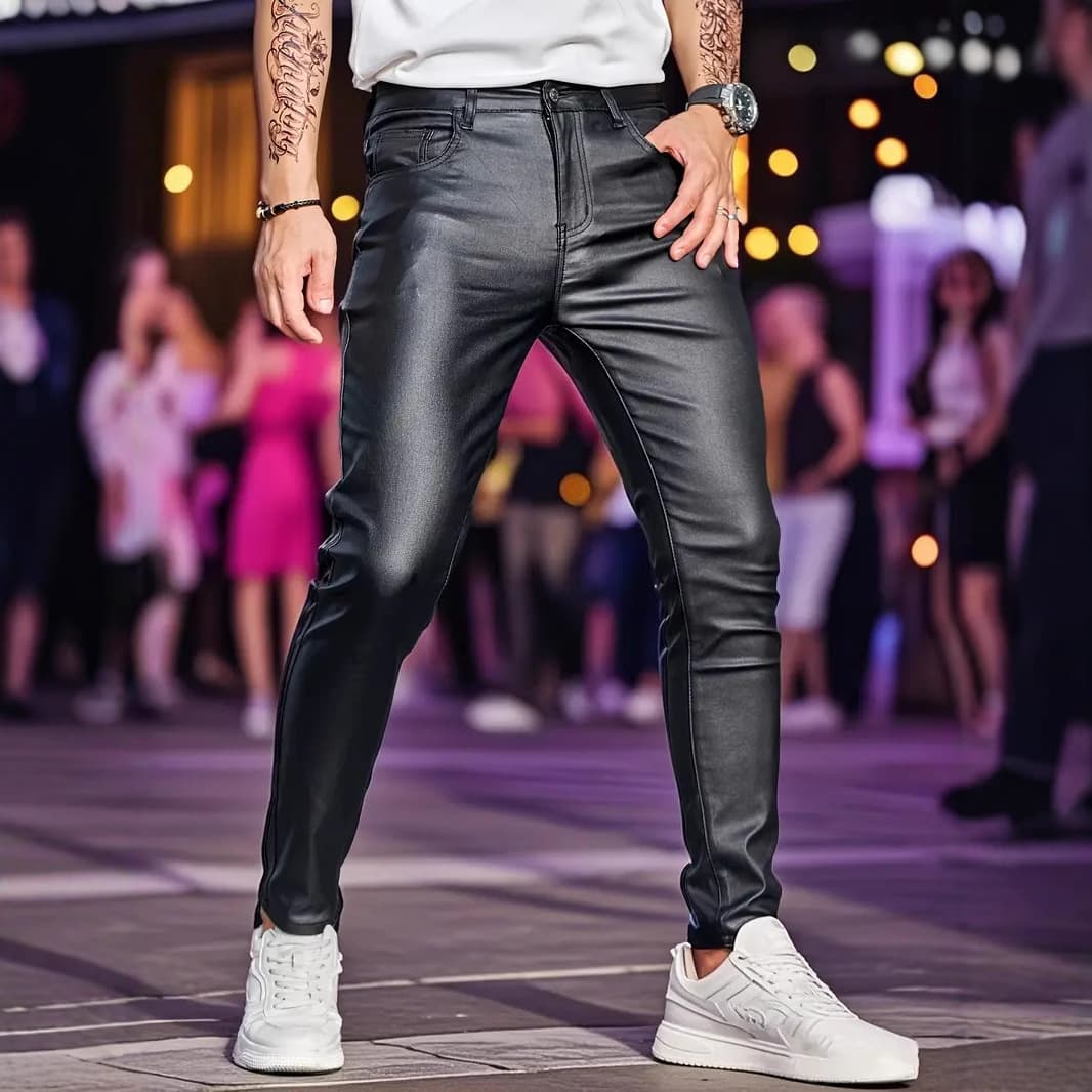 2025 New Cross-Border European and American Solid Color Men's Leather Pants, Korean Style Slim-Fit Motorcycle PU Leather Long Pants