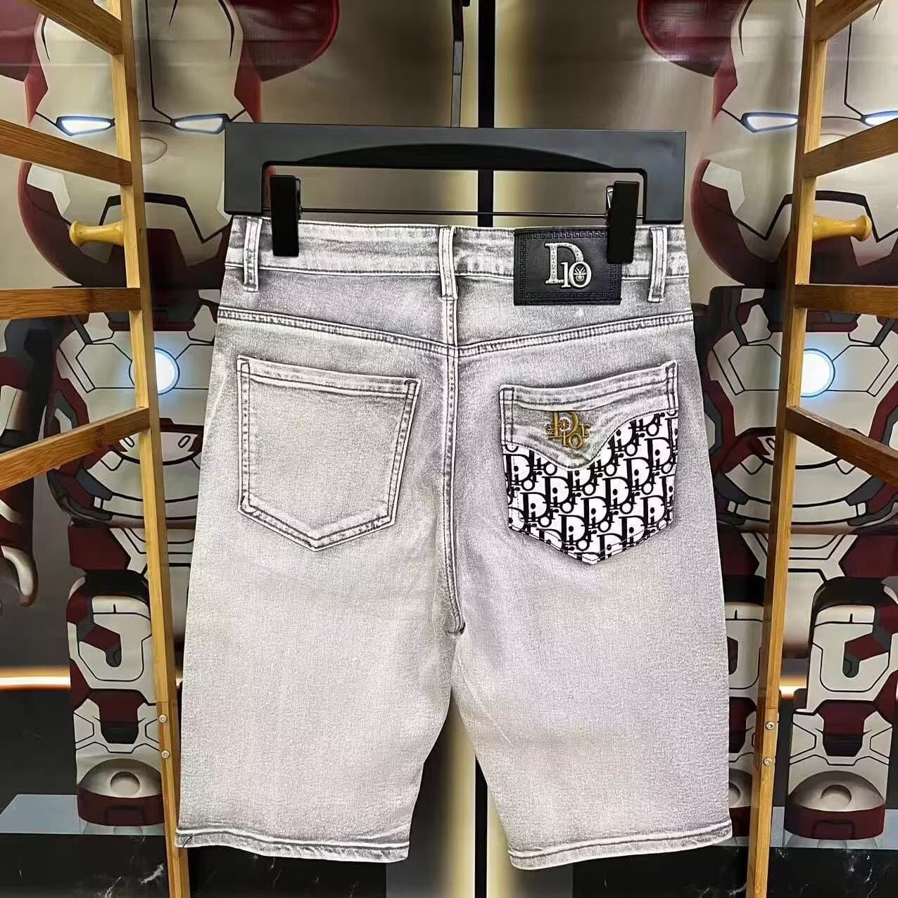 Summer Slim Denim Shorts for Men, Straight Trendy Casual Thin Fit, Embroidered Decorative Mid-Length Shorts