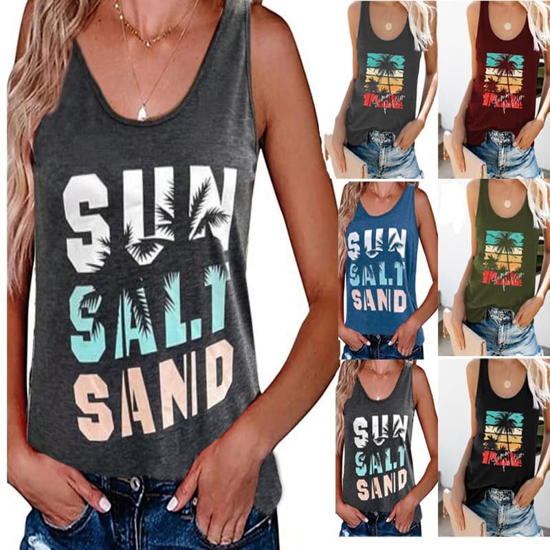 Cross-border Amazon European and American Women's Sleeveless Beach Coconut Tree Letter Print American Style Mini Vest for Beach Vacation