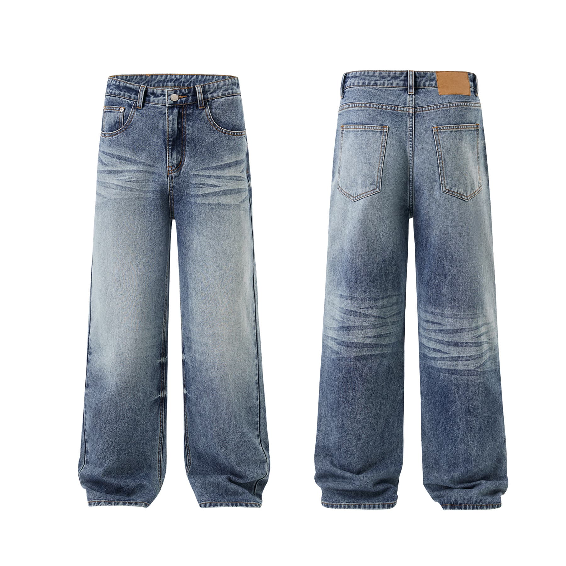Muxi Clothing # Streetwear washed vintage cleanfit trousers, worn ice blue high-street jeans straight-leg pants