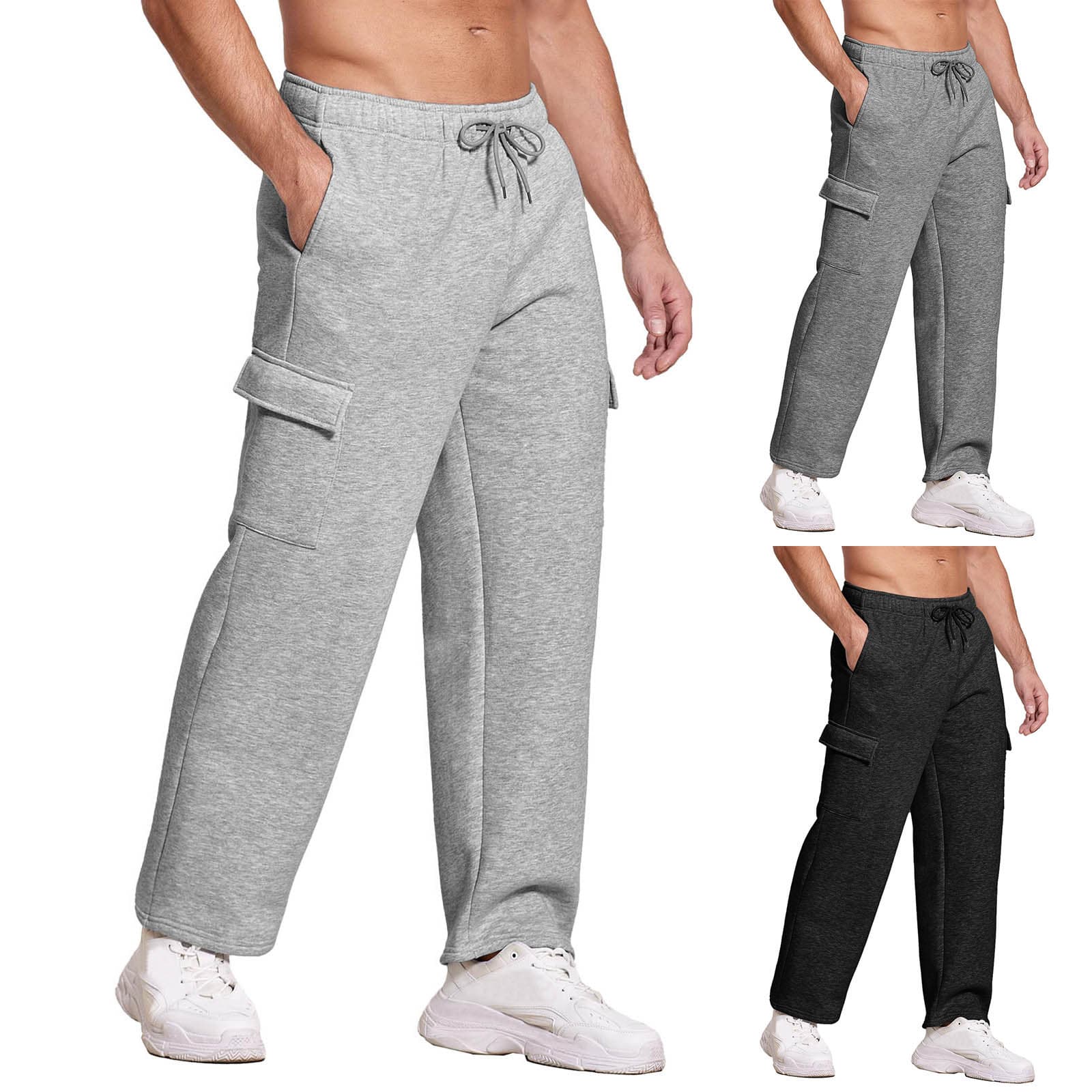 Winter fleece-lined and thickened men's sweatpants, European and American style, multi-pocket casual pants, knitted loose-fitting men's straight-leg casual sweatpants