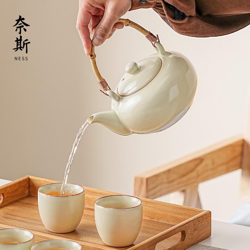 2025 New Ru Kiln Teapot for Home Use, Ceramic Gongfu Tea Set Single Pot with Large Handle for Tea-Water Separation