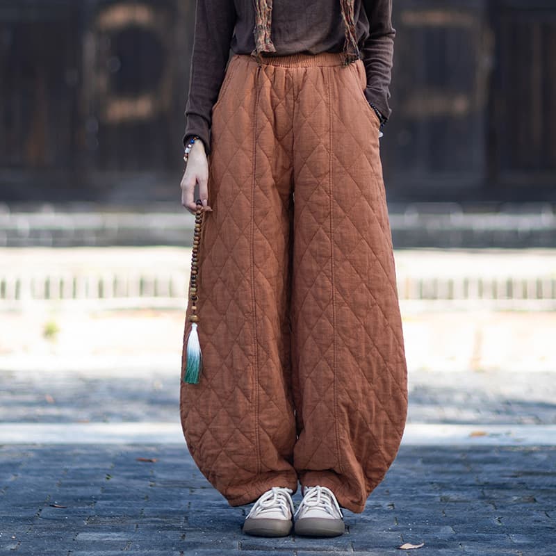 2025 Winter New Linen Women's Clothing Original Retro Quilted Stitched Diamond Grid Extra Thick Warm Lantern Cotton Pants