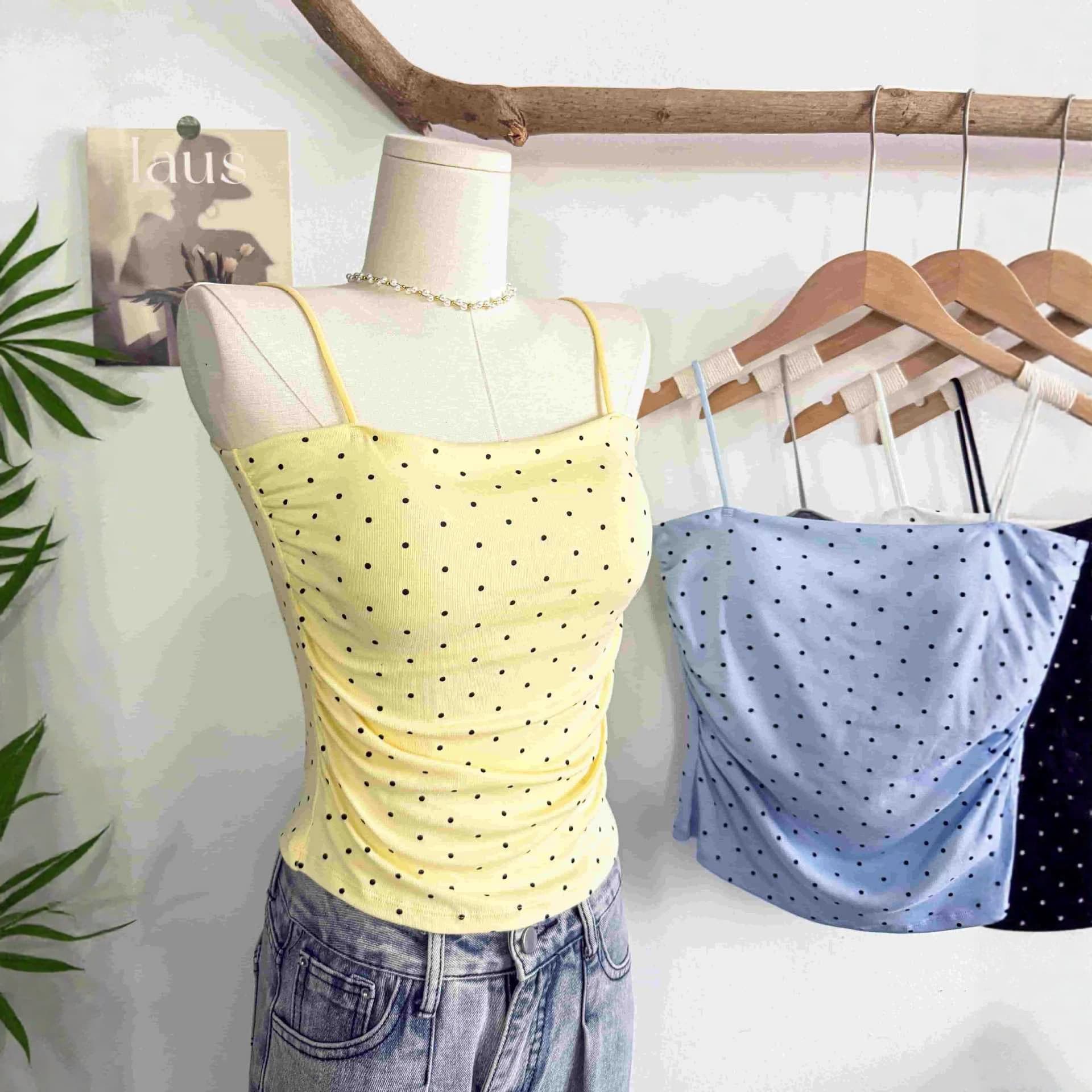 European and American Style Women's Clothing, Sexy Hot Girl Style, One-Line Neckline, Polka Dot Print, Fashionable and Versatile Slim-Fitting Tank Top, Tube Top