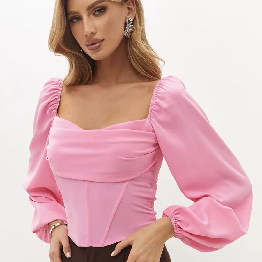 Top Corset Square Neck Lantern Long Sleeve Waist-Cinching Blouse Women Back Cross Tie Chiffon Shirt