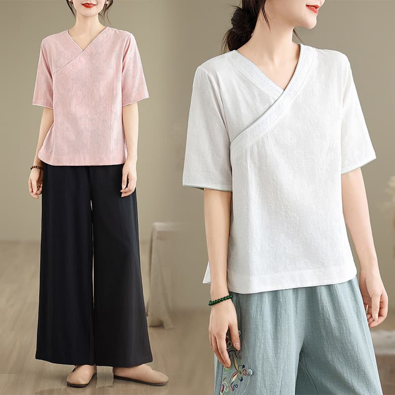 New Summer Chinese Style Women's Clothing, Literary Retro Cotton Linen Short-Sleeved Collared Top, Casual Zen Tea Suit Set
