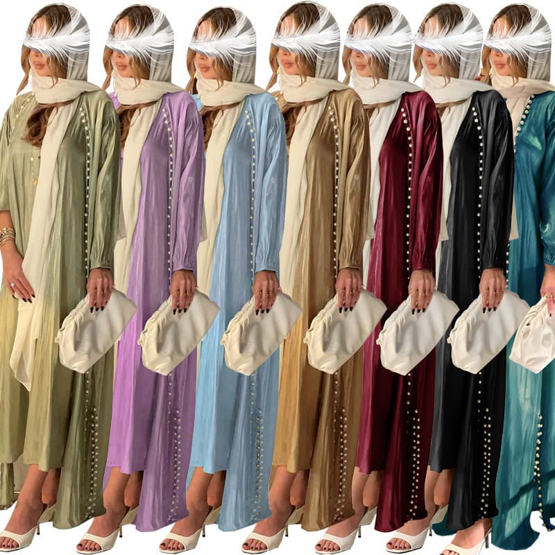Modest Muslim Fashion Bright Silk Satin Dress with Bubble Beads Solid Color Two-Piece Set Elegant Women's Wear