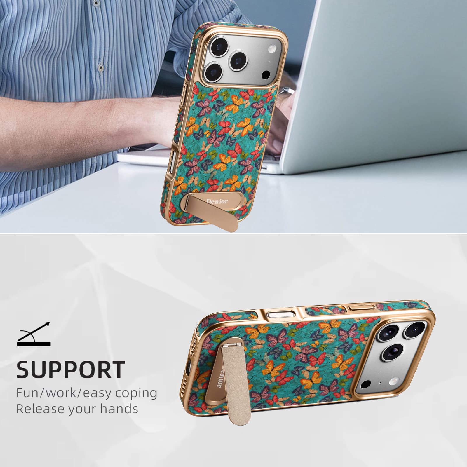 Denior Magnetic Bracket Leather Case for iPhone 17 Pro, Apple 16 Pro Cork Wireless Charging Phone Case