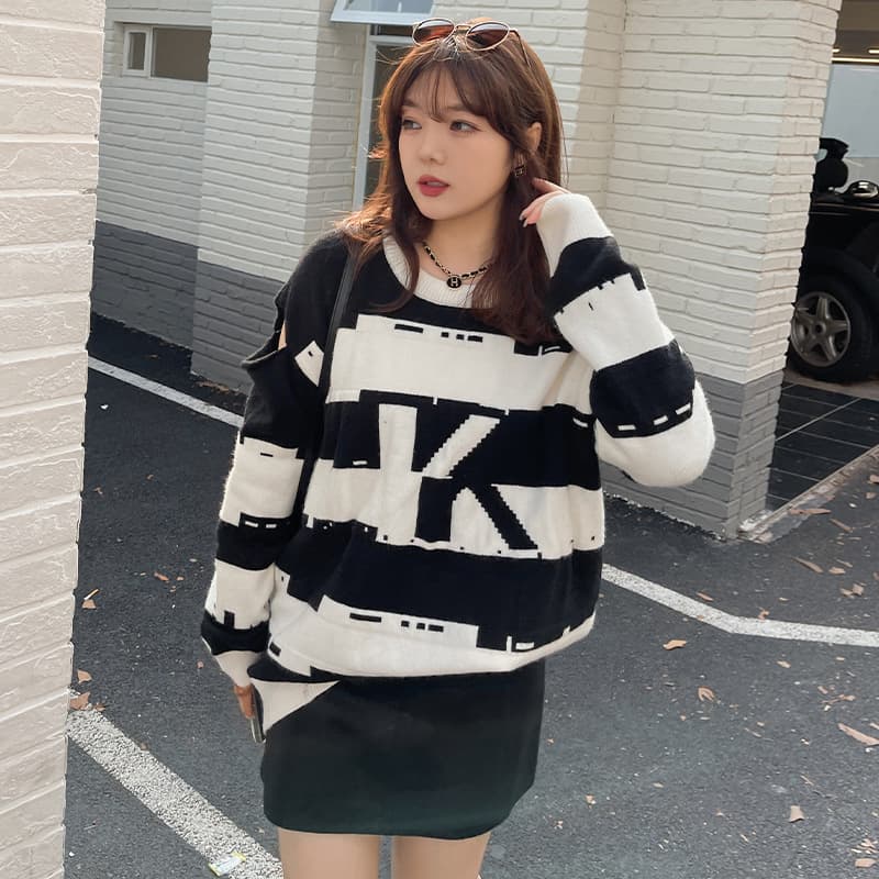 Plus Size Women's Slimming Long-Sleeve Pullover Sweater Winter Chunky Knit Top Striped Loose Knitwear for Heavy Set Women 21176