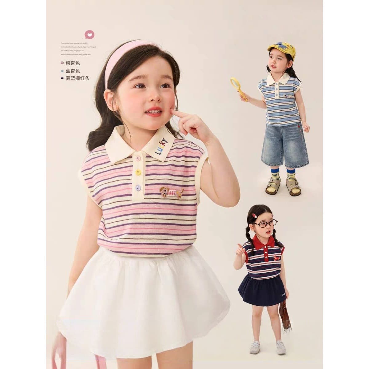 Tian Xiaosi children's clothing baby lapel short-sleeved T-shirt women's striped 26 summer new style girls casual waistcoat polo shirt