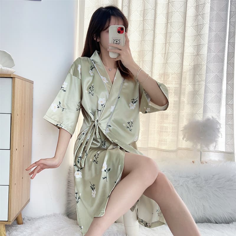 Women's Nightgown for Spring and Autumn - Ice Silk Artificial Silk Thin Sexy Summer Pajamas Nightdress Lace-Up Kimono Loose Bathrobe