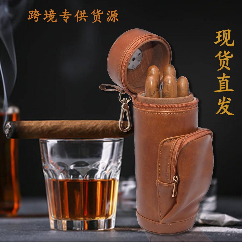 Amazon Hot Selling Genuine Leather Cylindrical Handheld Cigar Case Long with Hygrometer Portable Men's Cigar Storage Tube