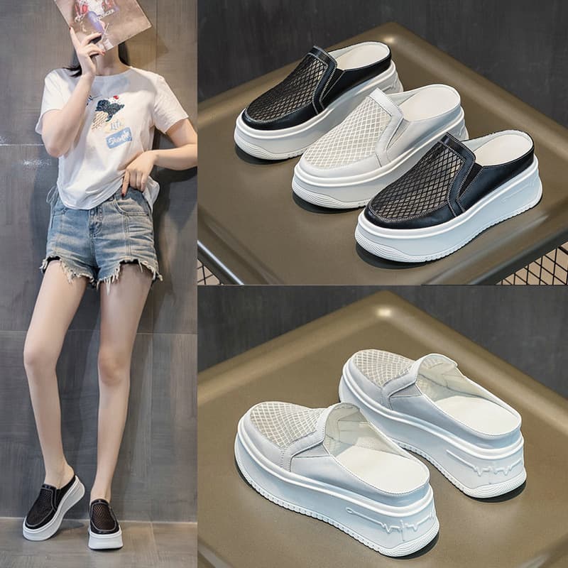 Mesh Breathable White Shoes Thick Sole Height Increase Women's Fashion Loafer Slip-on Half Moccasin Mesh Hollow High Heel