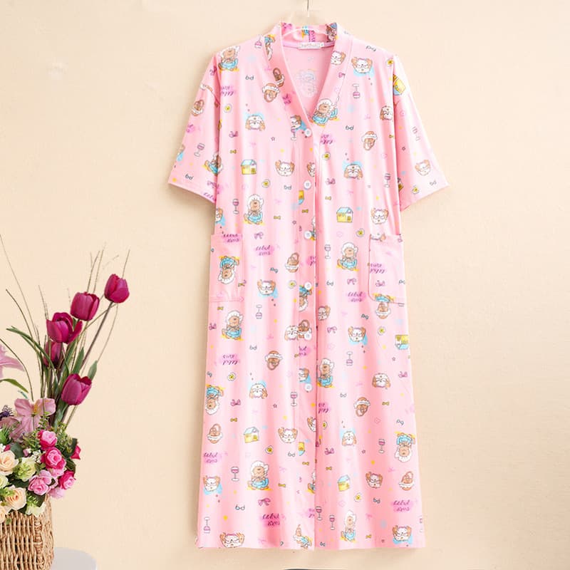 Plus Size Short Sleeve Knitted Cotton Sleep Dress V-Neck Cardigan Cartoon Sweet Long Pajamas Loungewear