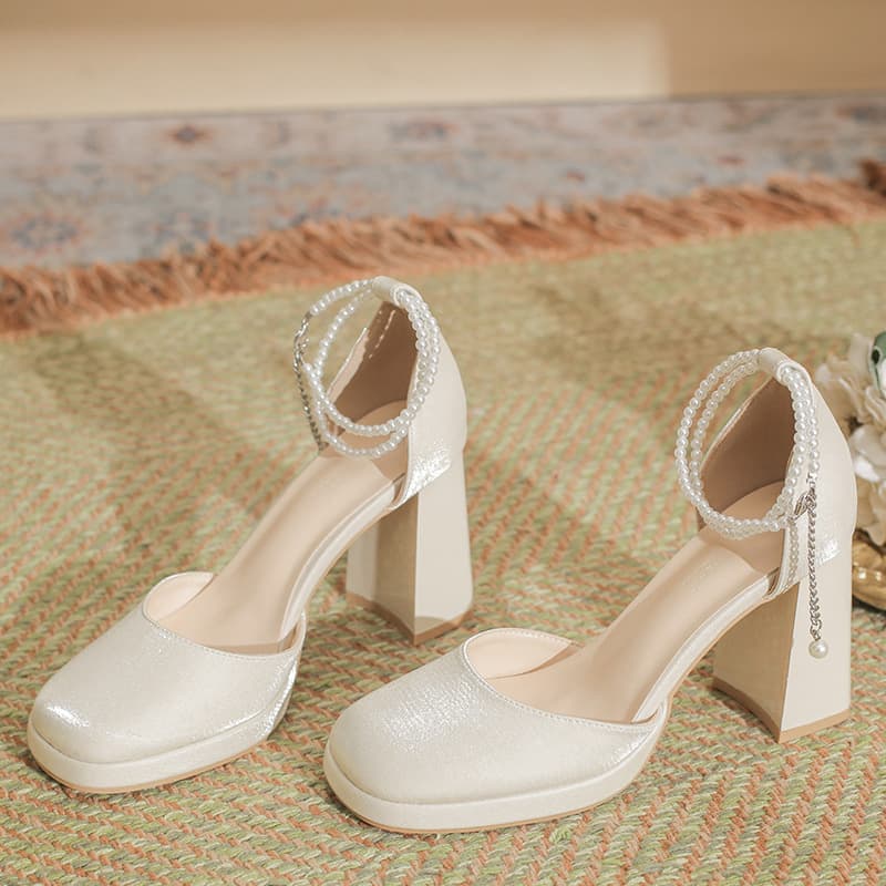 2026 Spring New Square Toe Single Strap Pearl Satin Platform High Heels Women Chunky Heel Short Height Shoes