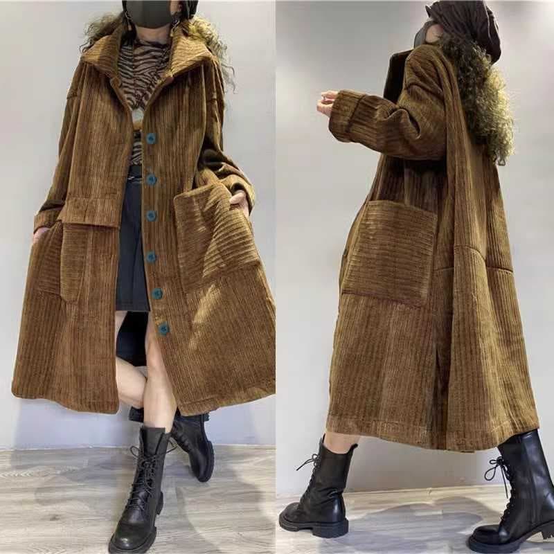 Plus Size Fleece-lined Thick Corduroy Warm Coat for Women 2025 Winter Long Versatile Single-breasted Cardigan Trench