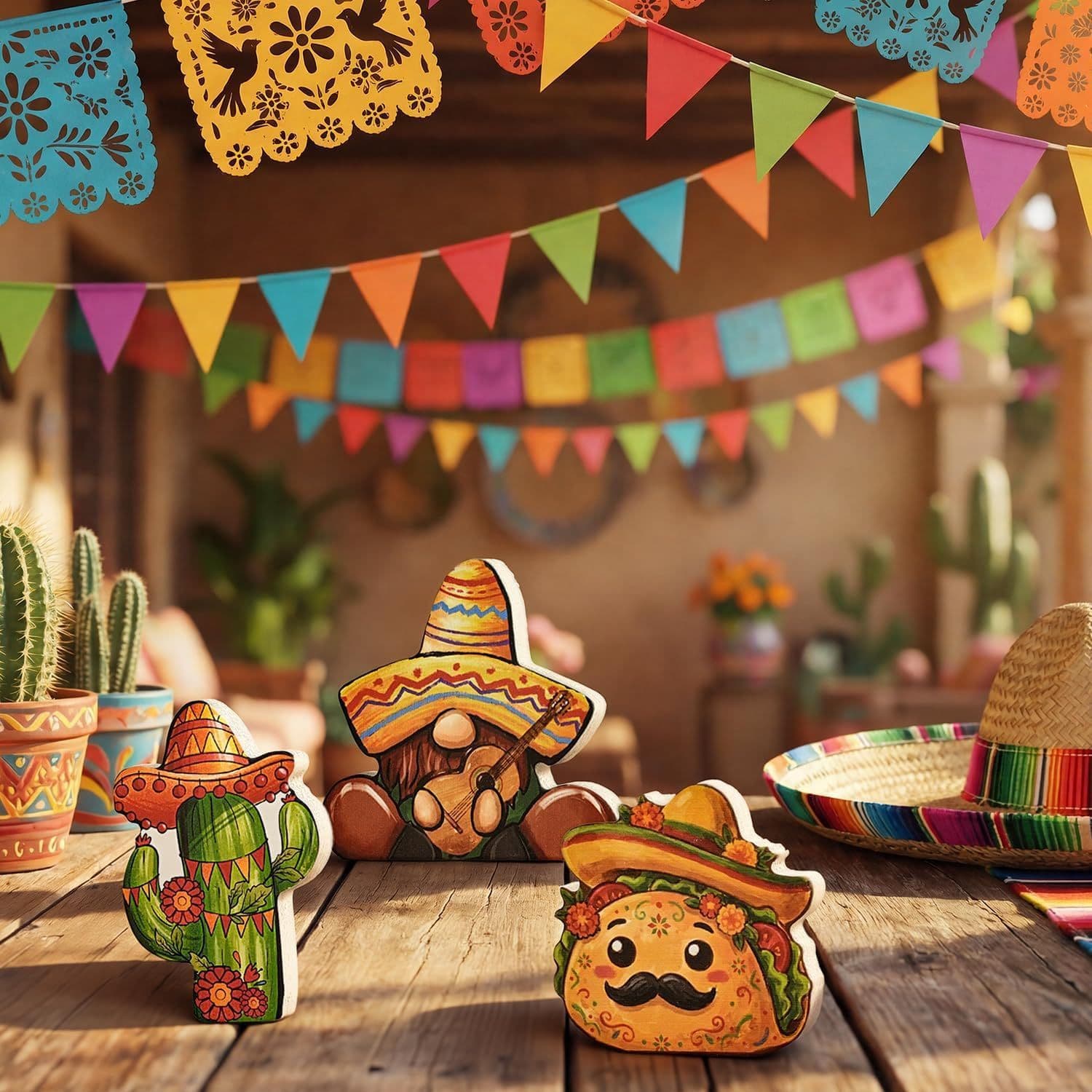 Smile Cinco De Mayo Wooden Tabletop Decor Set of 3 Mexican Carnival Figurines