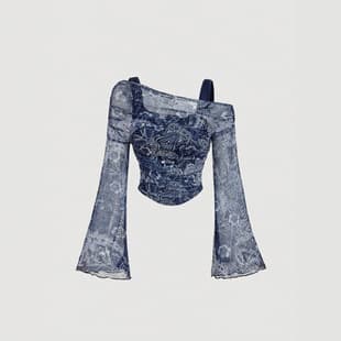 Vintage Print Asymmetric Off-Shoulder Ruffle Sleeve Curved Hem Crop Top with Chest Shirring