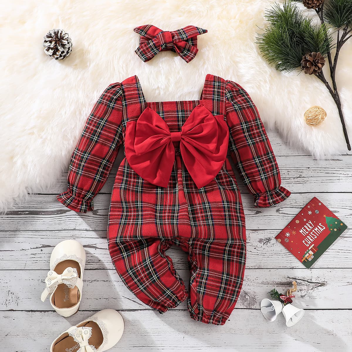 Cross-Border Baby Kids New Christmas Long Sleeve Bow Decor Plaid Romper + Headband