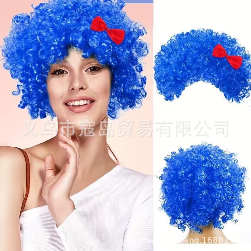 Halloween COS Blue Disco Afro Wig Party Girl Women Bow Curly Hair Prop Wholesale