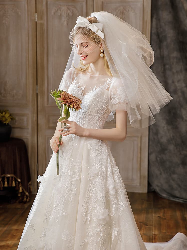 French Light Wedding Dress Bride 2025 New Style Atmospheric Princess Style Textured Dress Retro Forest Style Petite Going Out Veil