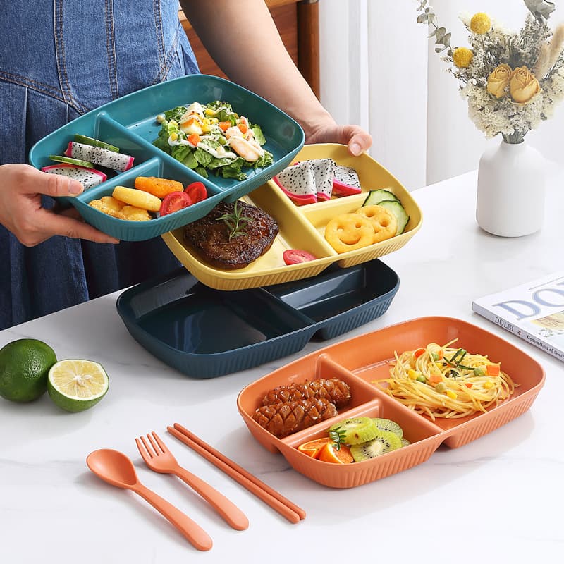 New student three-compartment dinner plate set home Japanese-style plastic plate office lunch noodle vegetable and fruit plate