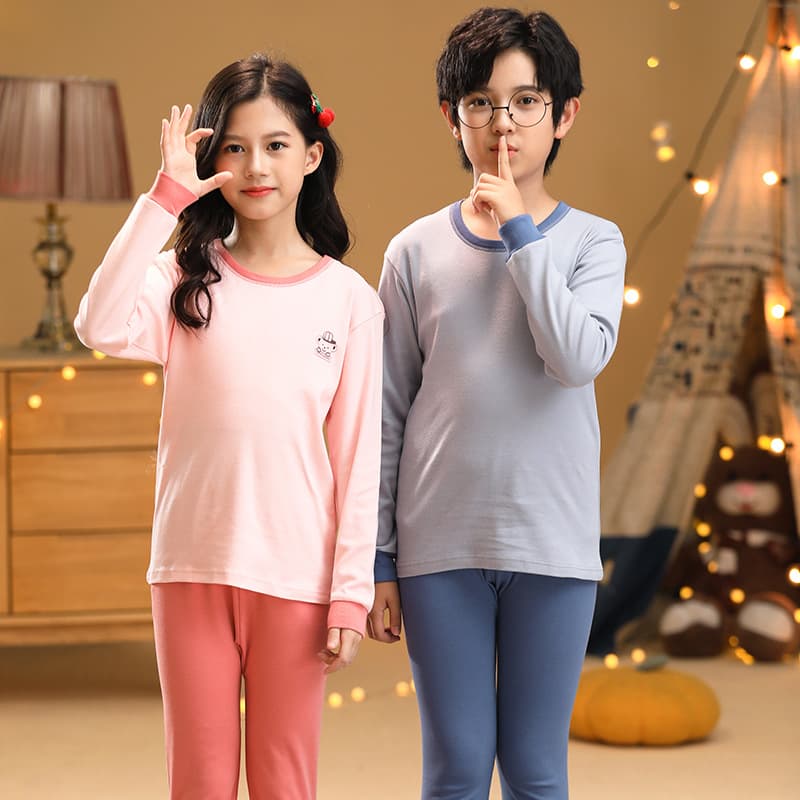 2023 New Youth Autumn Clothes and Autumn Pants Solid Color Cotton Suit Pajamas for Older Children in Autumn and Winter for Men and Women New Warmth