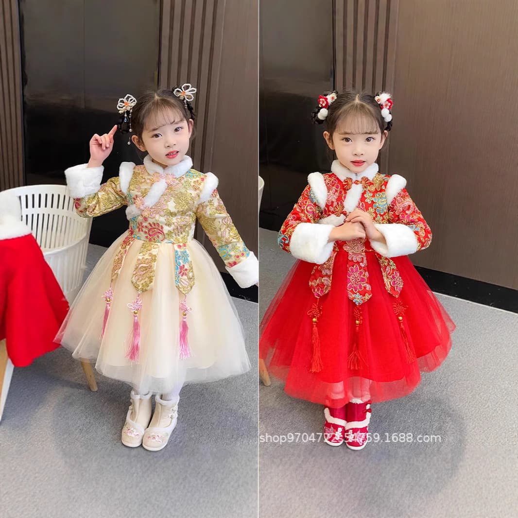 Girls Tang Suit Hanfu Winter 2023 New Children's Wear Chinese Style Cheongsam Baby Girl New Year Thick Chinese New Year Outfit