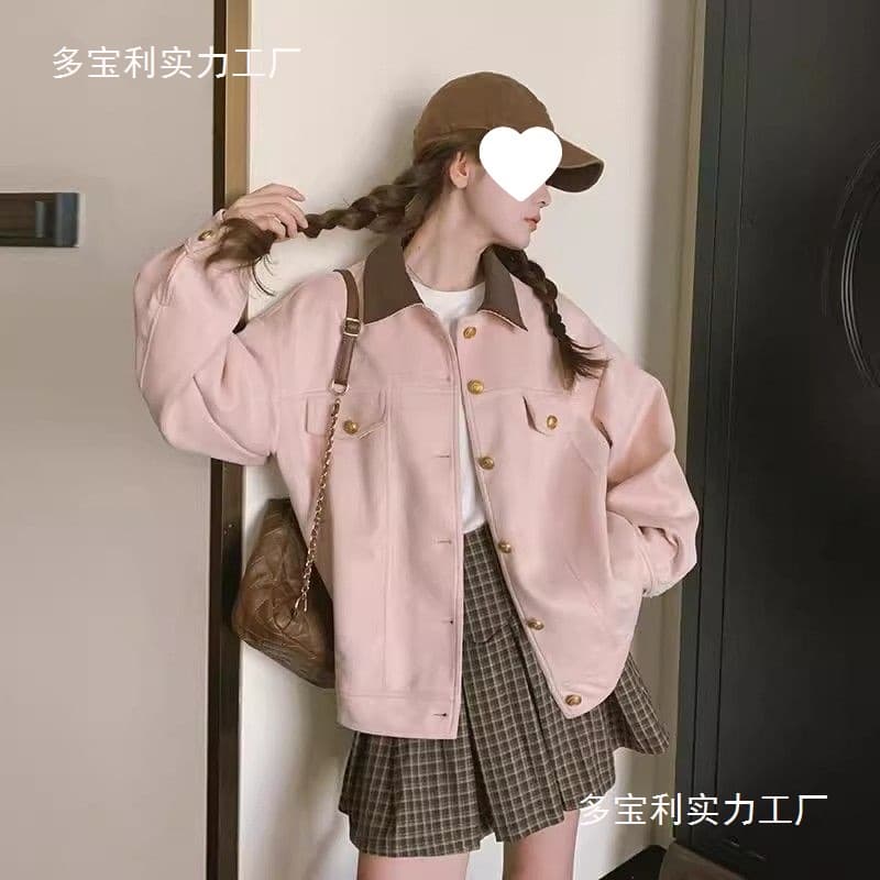 Pink Suede Workwear Jacket for Women, Spring 2026 New Style, Sweet Petite College Style Casual Jacket Top