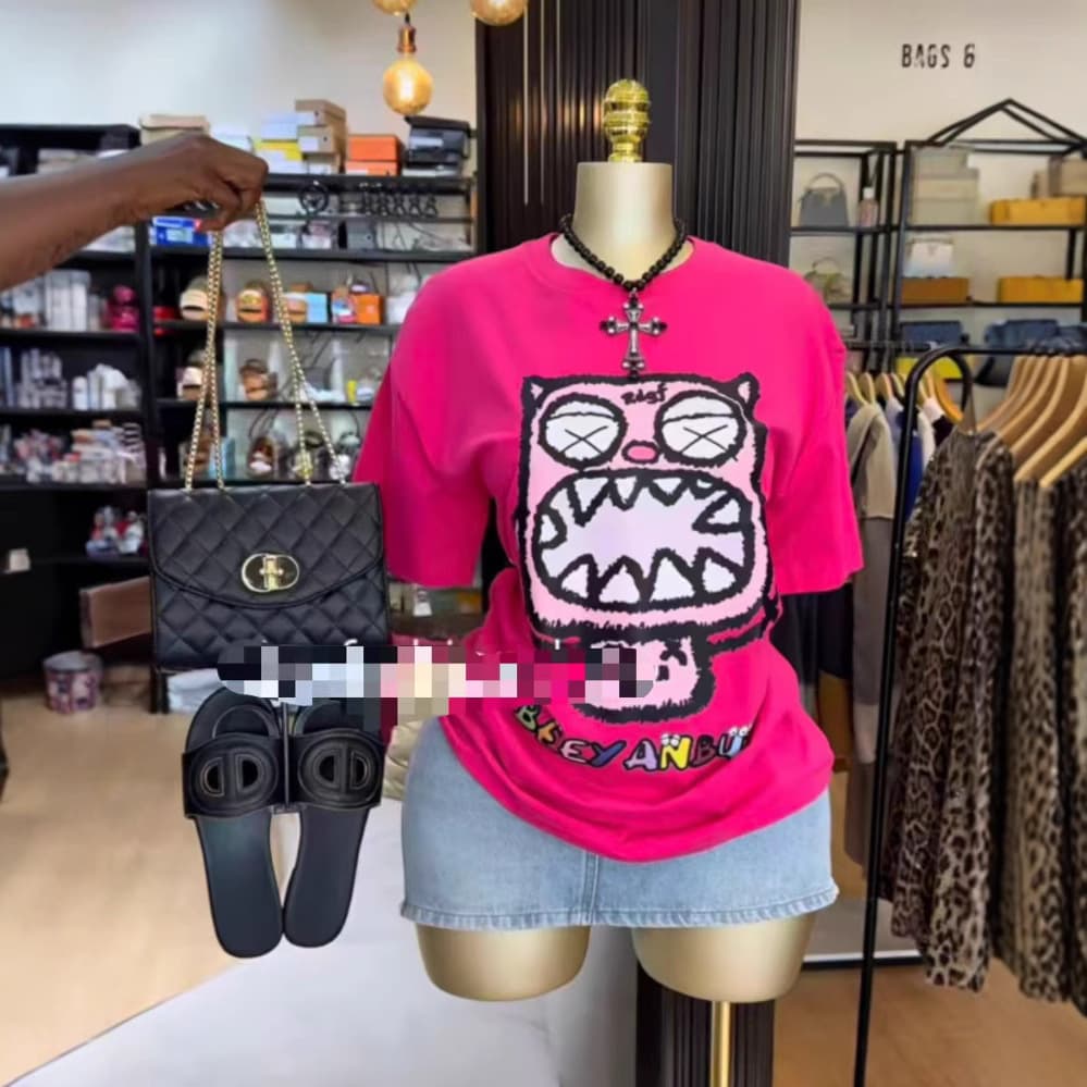230g Cross-Border Supply Women's Cartoon Print Short Sleeve T-Shirt, Pure Cotton, Round Neck, Ins Style, Wholesale, Ins Style Hot Selling