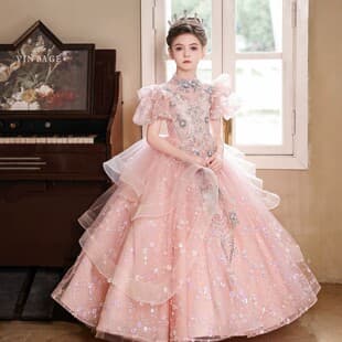 Girls' Formal Dress Light Luxury High-End Exquisite Pink Princess Gown Children's Host Piano Performance Outfit