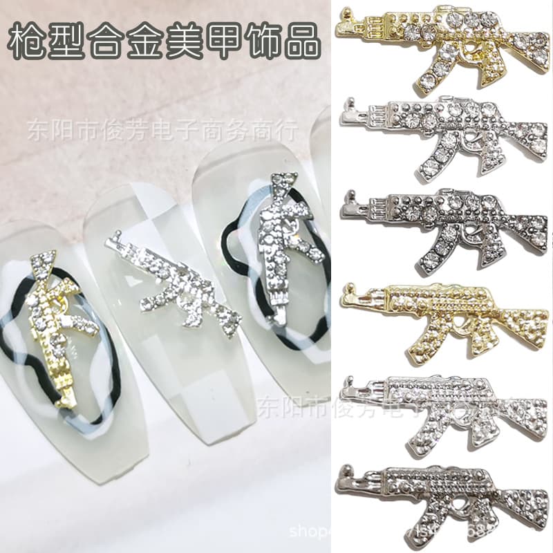New cross-border nail art with diamond gun style metal retro style simulated AK weapon model flash diamond nail accessories