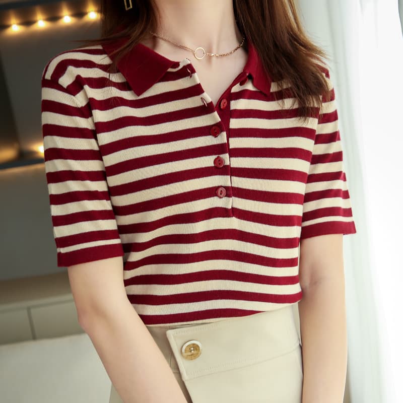 Cotton Polo Collar Striped Short Sleeve T-Shirt for Women, Summer Loose Thin Plus Size Turn-Down Collar Base Knit Top