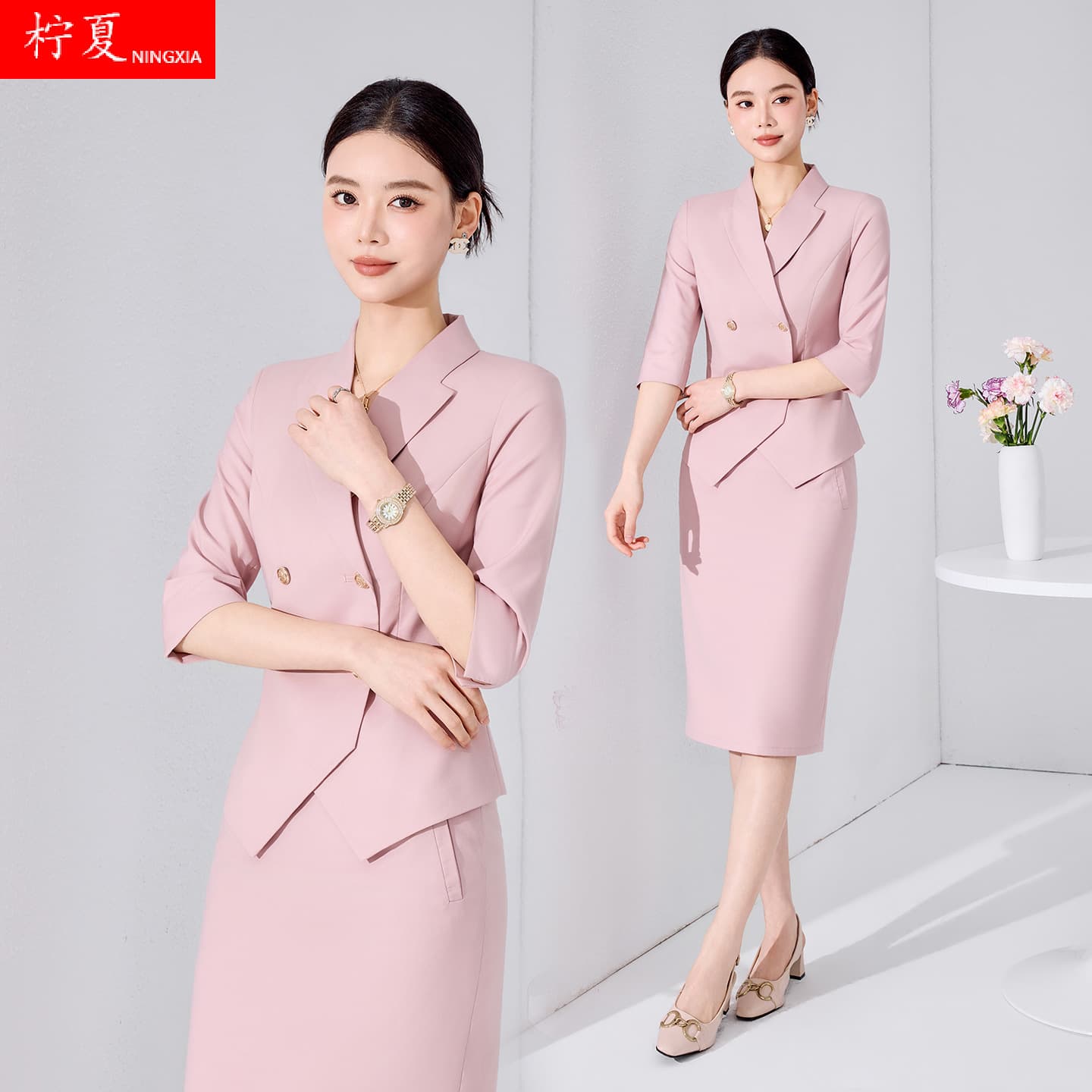Pink Three-Quarter Sleeve Blazer for Women Fashion Elegant High-End Workplace Outfit High-End Medical Aesthetic Uniform Two-Piece Set