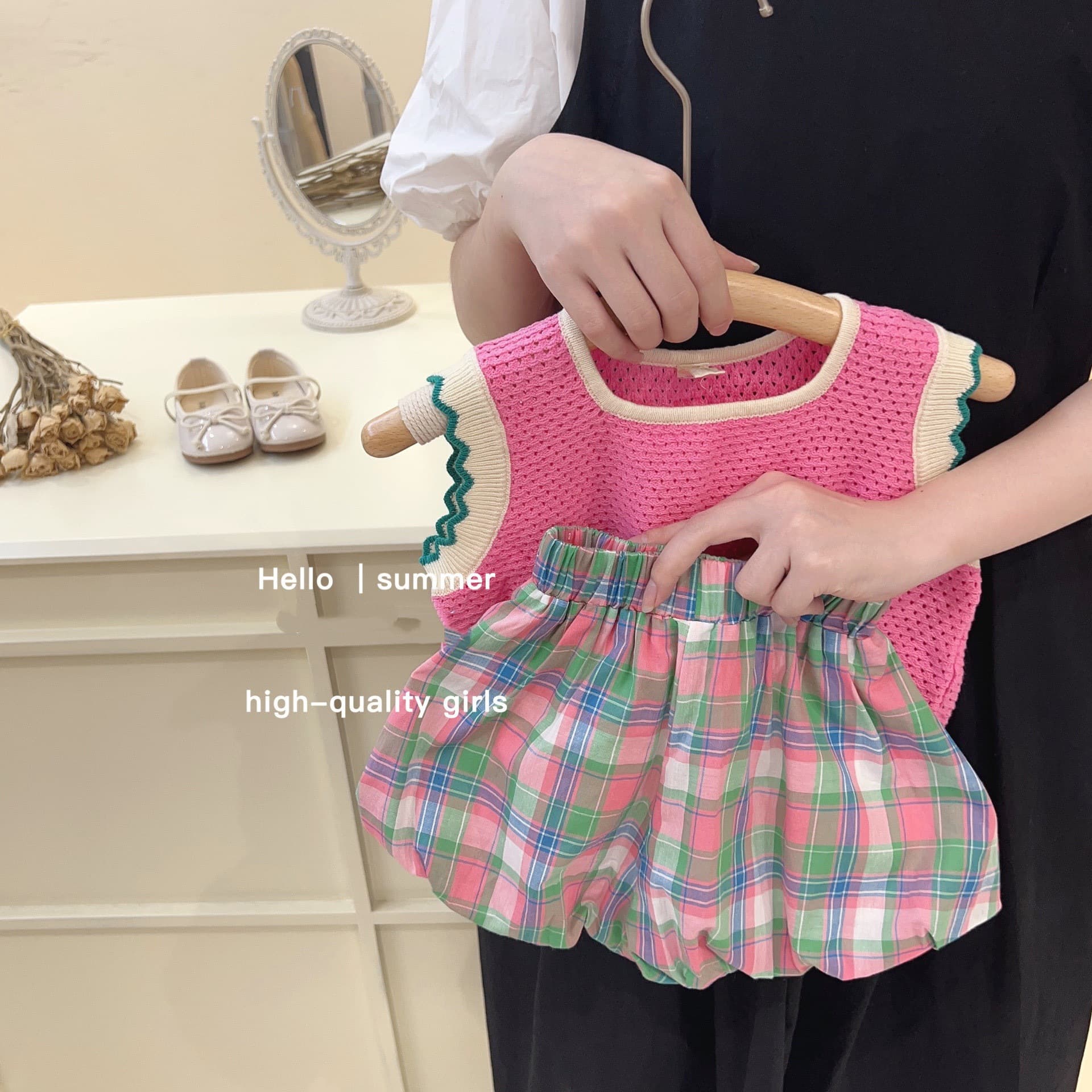 Tian Xiaosi Baby Set Summer Trendy Stylish Baby Girls Pink Knit Vest Plaid Flower Bud Shorts Two Pieces